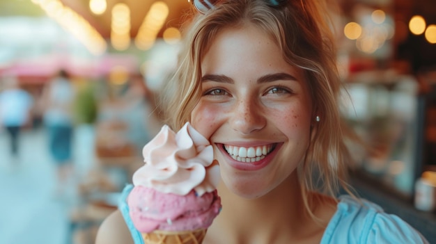 Uma senhora feliz a desfrutar da sua sobremesa congelada o seu comportamento alegre a brilhar