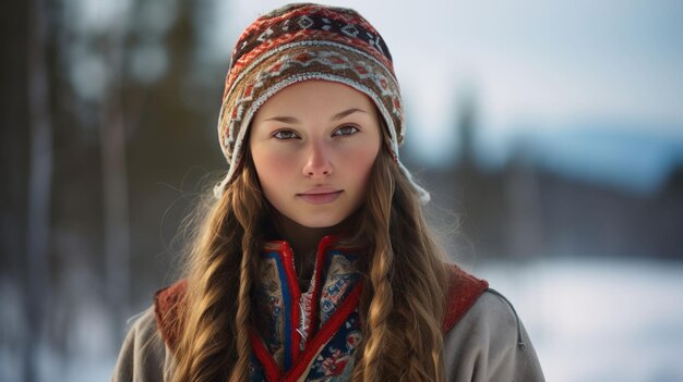 Foto uma senhora finlandesa em roupas tradicionais sami