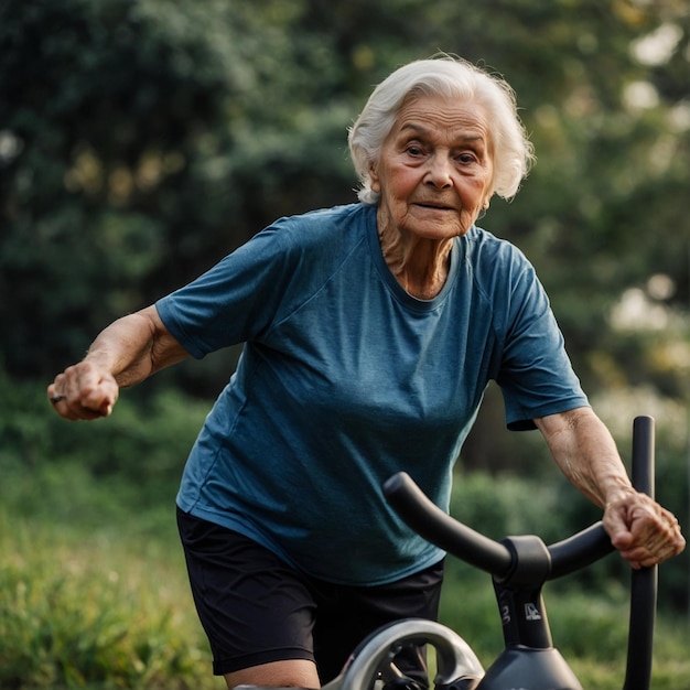 uma senhora idosa a andar de bicicleta