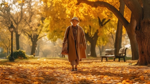 Uma senhora idosa caminha por um parque com uma árvore amarela ao fundo.