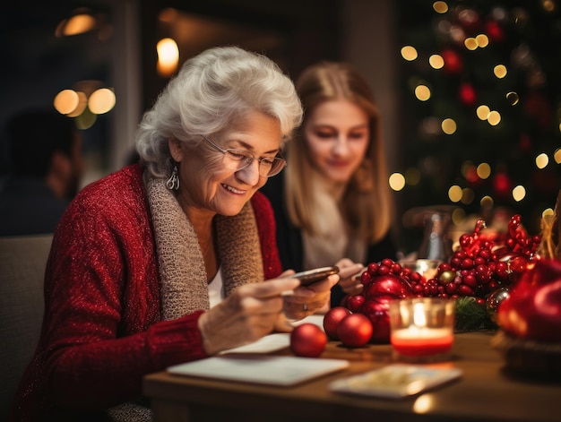 Uma senhora idosa senta-se na mesa de Natal e olha para o seu telefone