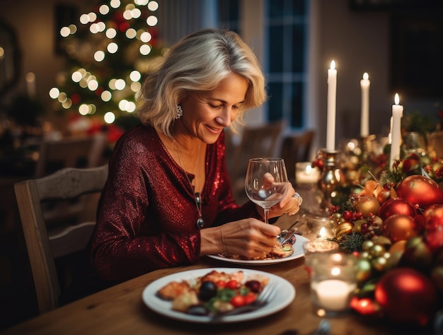 Uma senhora idosa senta-se na mesa de Natal e olha para o seu telefone