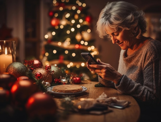 Uma senhora idosa senta-se na mesa de Natal e olha para o seu telefone