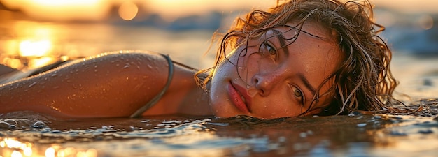 Foto uma senhora jovem deitada na praia.