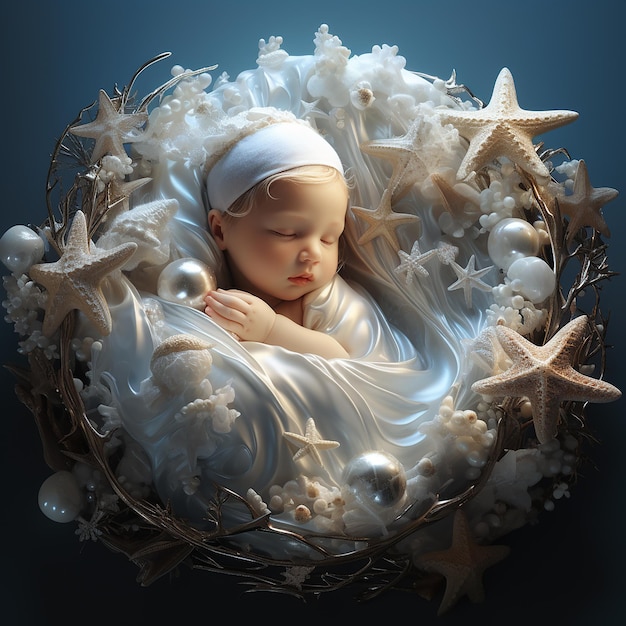 Uma sereia bebê dormindo confortavelmente dentro de uma concha