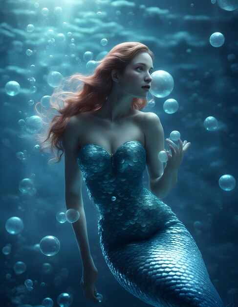 Foto uma sereia com cabelo vermelho está de pé na água com bolhas