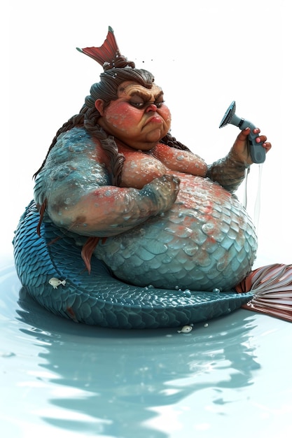 Uma sereia gorda com uma navalha na mão Uma mulher do mar mítica com uma cauda de peixe Ilustração 3D