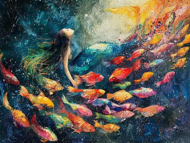 Uma sereia no meio de um cardume de peixes brilhantes e coloridos.