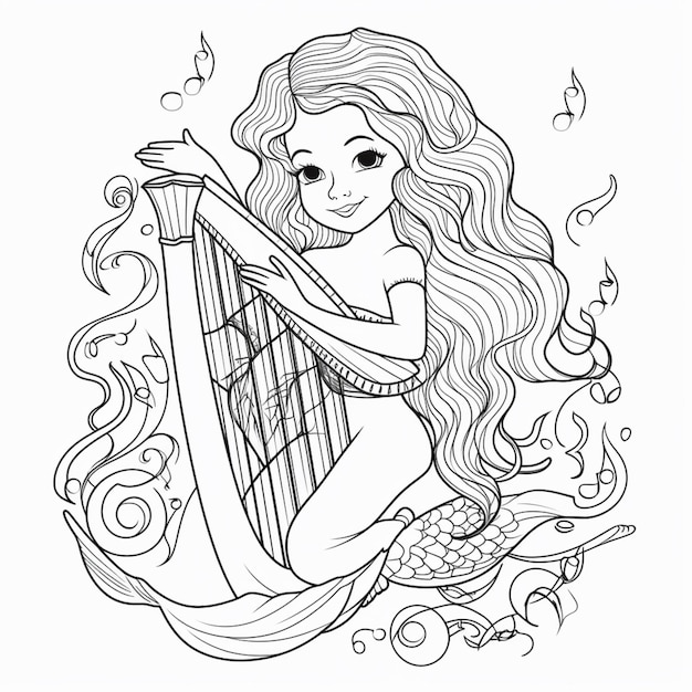 uma sereia tocando uma harpa com ondas e ondas em torno de sua ai generativa