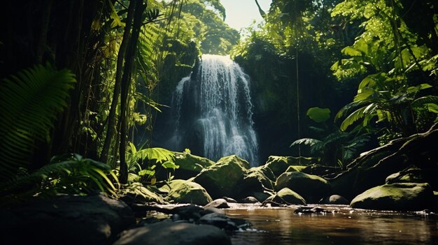 Uma serena cachoeira da selva cercada por vegetação exuberante