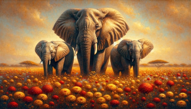 Uma serena família de elefantes vagueia por uma savana dourada com folhagem vermelha e amarela vibrante, criando uma atmosfera de calma e beleza.