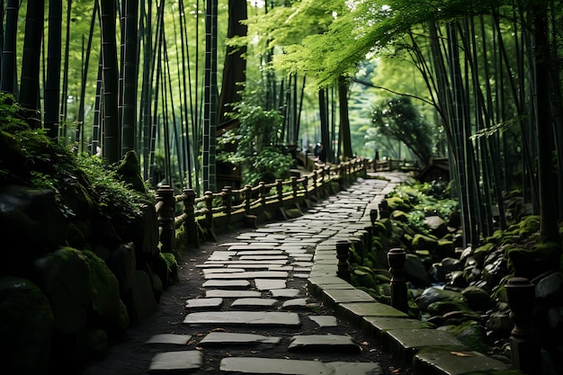 Uma serena floresta de bambu em Kyoto, Japão, foto realista