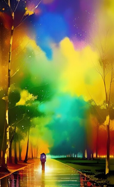 Uma série colorida de árvores em uma floresta com um fundo colorido.