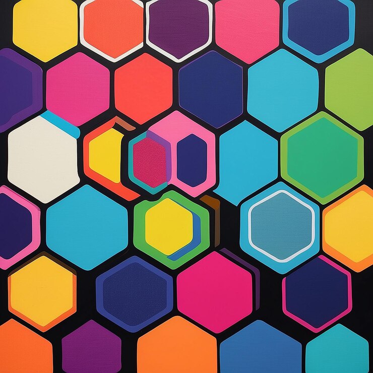 Foto uma série colorida de círculos com um que diz hexágono