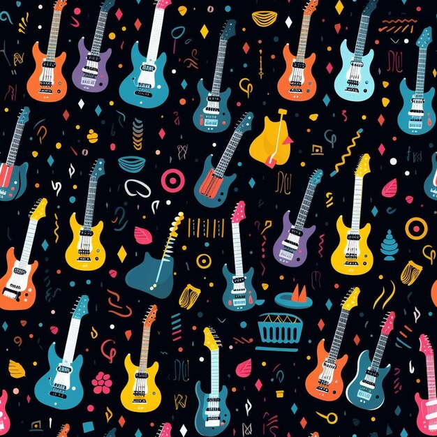Uma série colorida de guitarras com um fundo colorido e um padrão colorido da palavra guitarra.