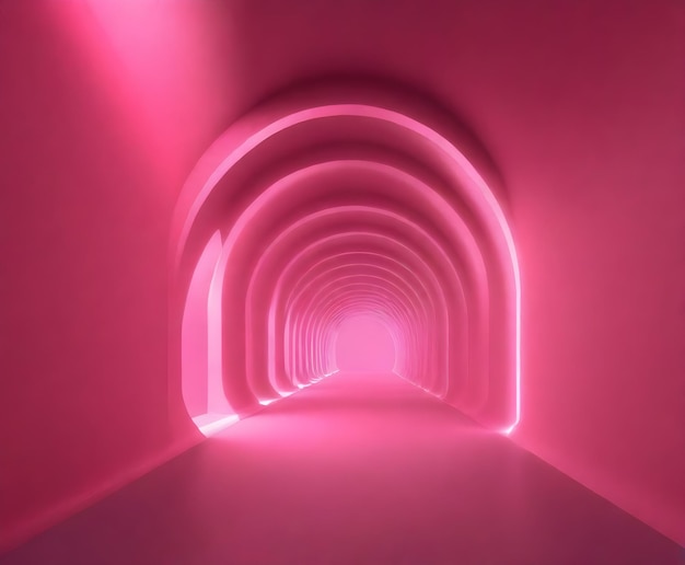 Uma série de arcos cor-de-rosa formando um longo túnel com uma luz brilhante no extremo distante