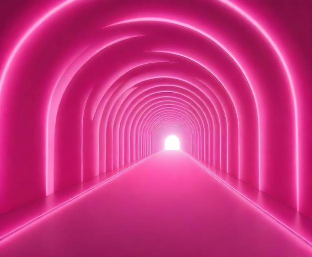 Uma série de arcos cor-de-rosa formando um longo túnel com uma luz brilhante no extremo distante