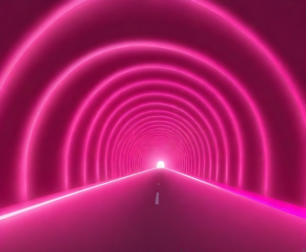 Uma série de arcos cor-de-rosa formando um longo túnel com uma luz brilhante no extremo distante