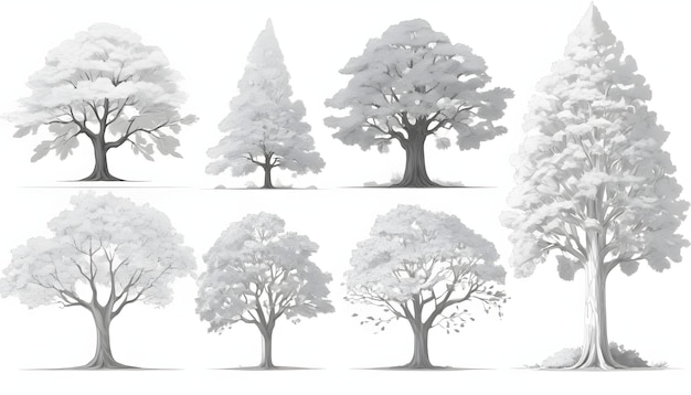 uma série de árvores com um fundo branco com uma imagem de uma árvore com uma árvore no meio