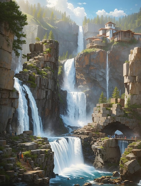 Uma série de cachoeiras em cascata, cada uma com seu caráter único, criando uma sinfonia de água.