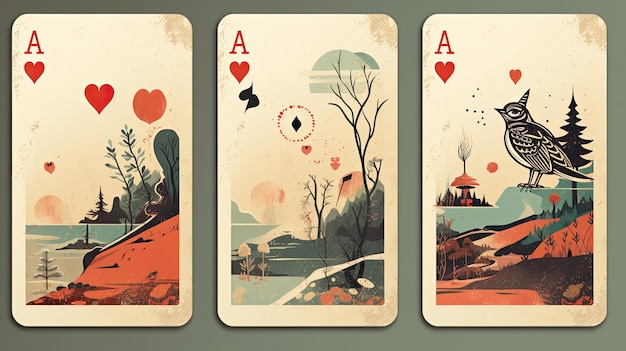 Foto uma série de cartas com uma árvore e uma ponte ao fundo.