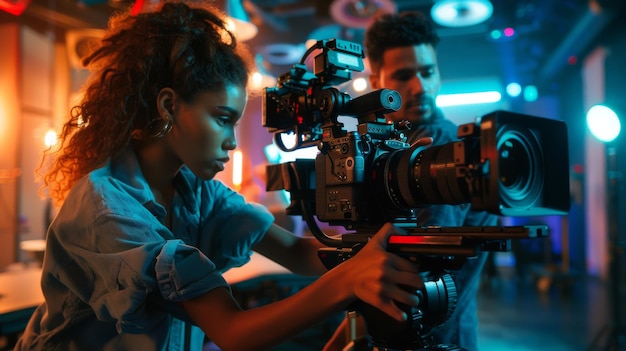Foto uma série de cineastas latinos e caucasianos trabalham juntos em um estúdio moderno manuseando equipamentos de câmera profissionais com entusiasmo e experiência