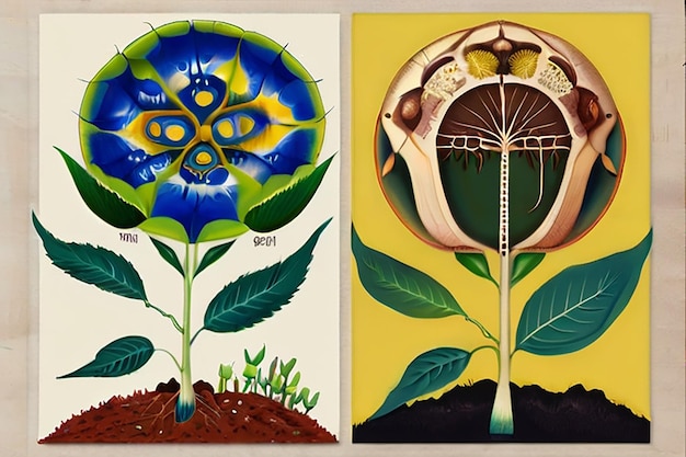 Uma série de desenhos intrincados mostrando o ciclo de vida de uma planta totalmente crescida e plantas em floração