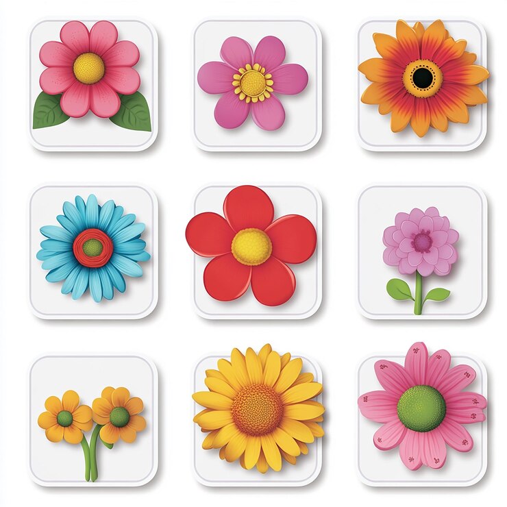 Foto uma série de etiquetas de flores coloridas em um fundo branco