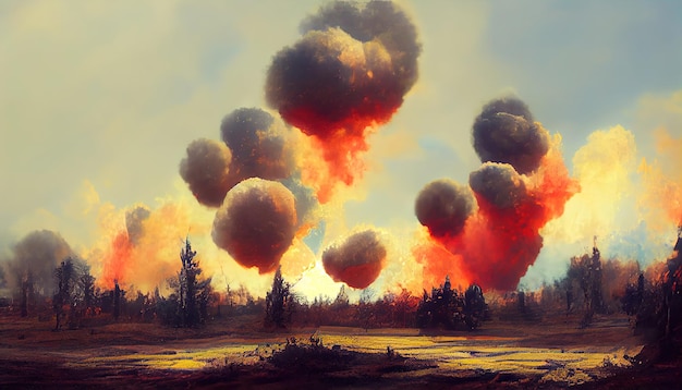 Foto uma série de explosões no campo de batalha guerra e destruição ilustração 3d