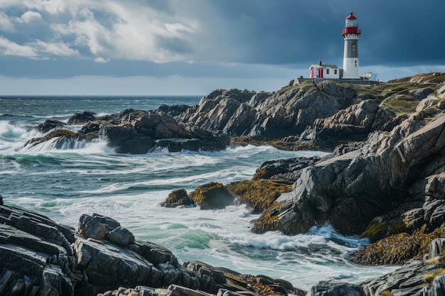 Uma série de faróis ao longo de uma costa rochosa gerada pela IA