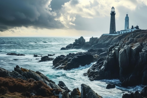 Uma série de faróis ao longo de uma costa rochosa gerada pela IA