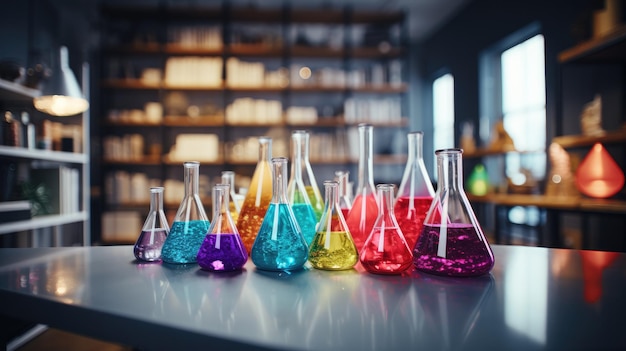 Uma série de frascos de vidro contendo aulas de química de líquidos coloridos