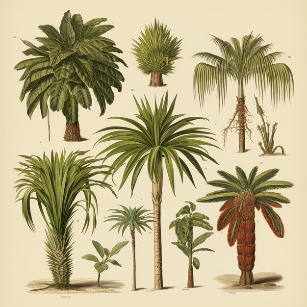 uma série de imagens de palmeiras e plantas
