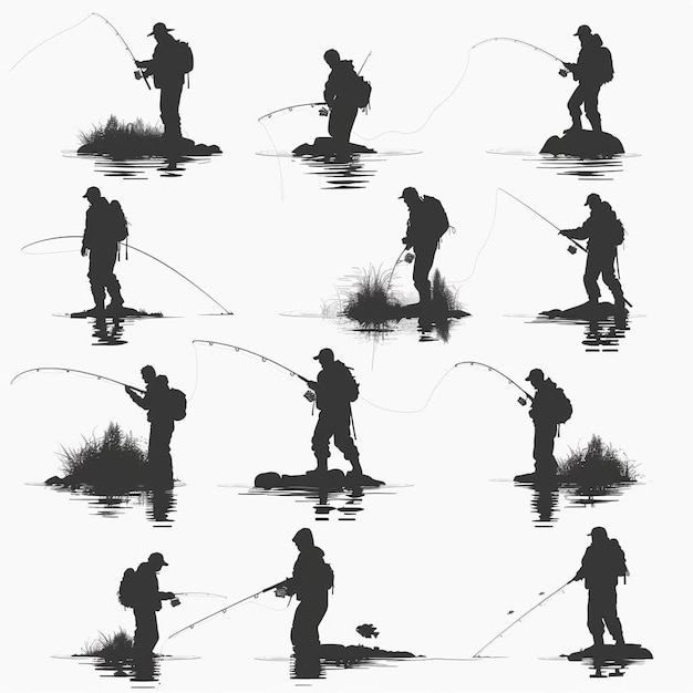 Foto uma série de imagens de pessoas pescando na água com um peixe nele