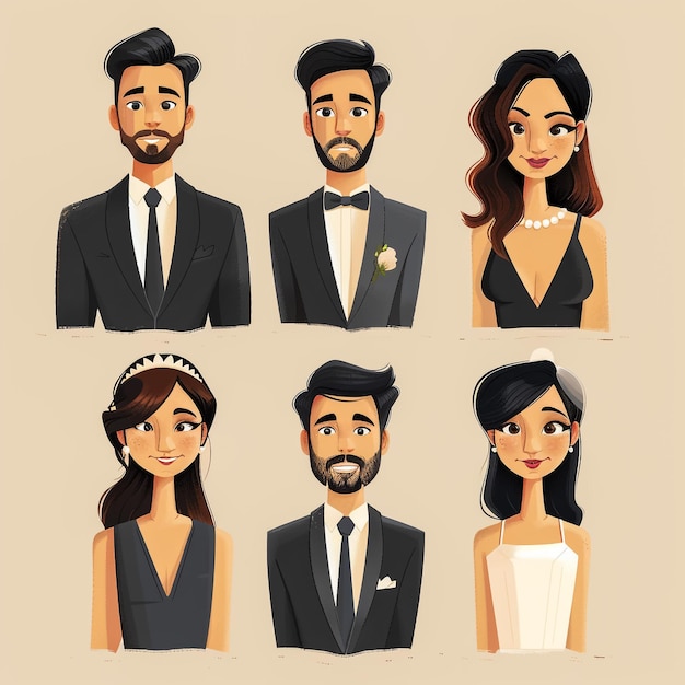 uma série de imagens de pessoas vestindo fatos e a noiva e o noivo