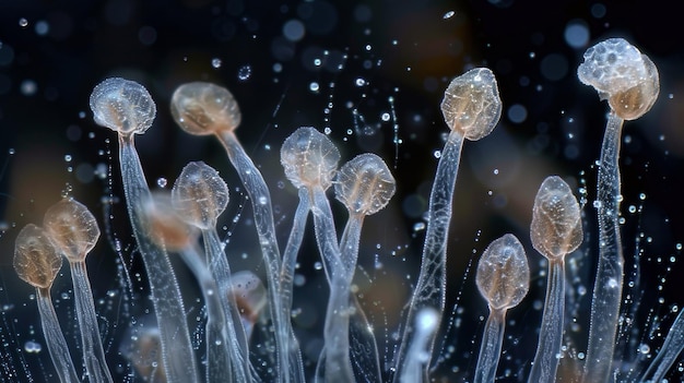 Uma série de imagens sequenciais capturadas sob um microscópio de luz mostrando o movimento dos conídios