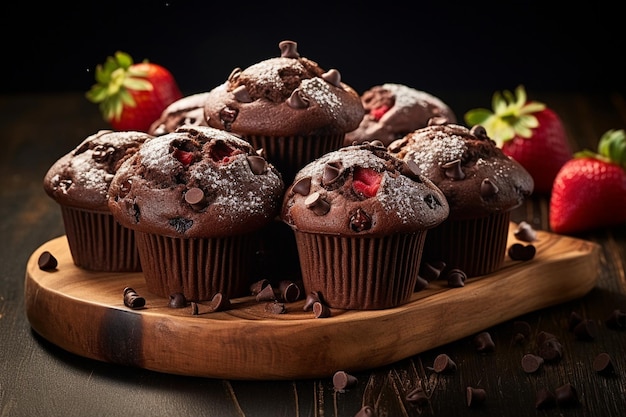 Uma série de muffins de chocolate com morangos