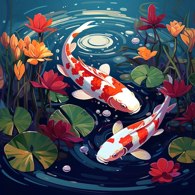 Uma série de peixes koi coloridos nadando em uma lagoa tranquila