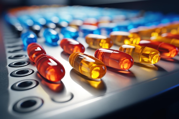 Uma série de pílulas azuis e cápsulas é mostrada em uma correia transportadora que retrata o processo de produção em massa em uma fábrica farmacêutica