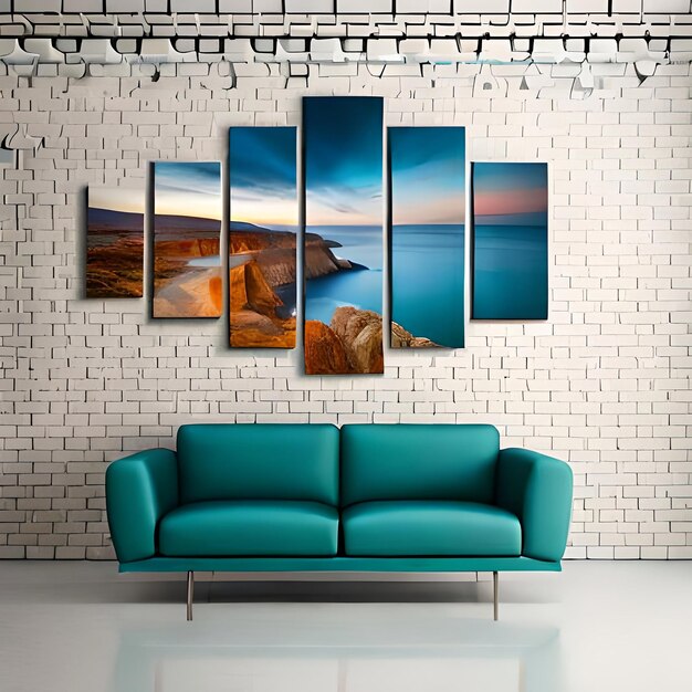 Uma série de pinturas numa parede com um céu azul e uma praia do lado direito.