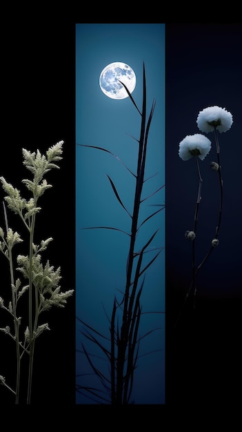 Uma série de plantas com a lua ao fundo