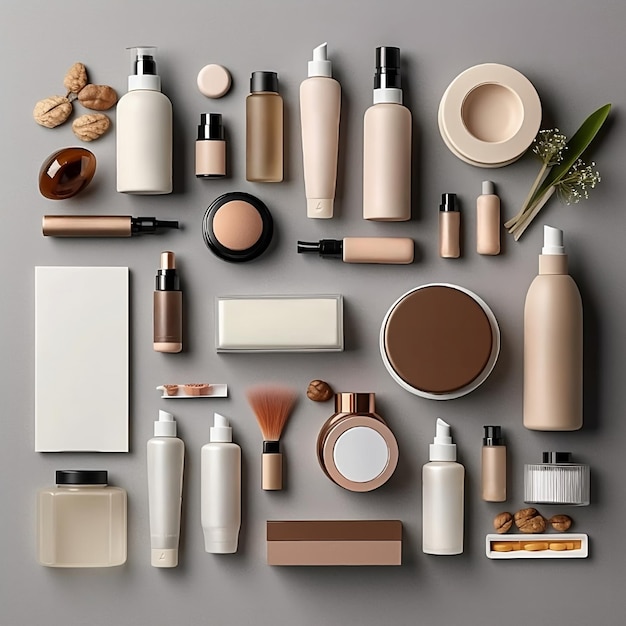 Uma série de produtos para cuidados com a pele cuidadosamente organizados com elementos decorativos minimalistas