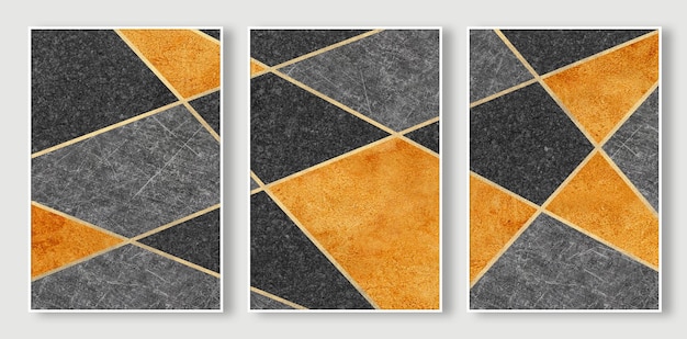 Uma série de quatro azulejos com um padrão preto e dourado.