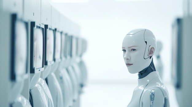 Foto uma série de robôs humanoides idênticos num ambiente estéril representando produção em massa ou conf