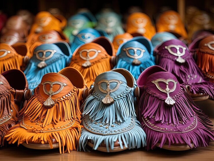 Foto uma série de sapatos coloridos feitos à mão com franjas no estilo orientalista