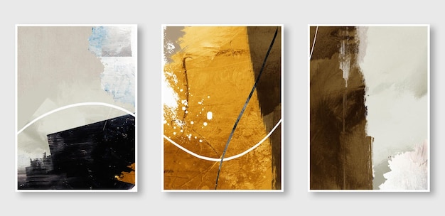 Uma série de três pinturas abstraem fundo dourado a moda da arte moderna na parede