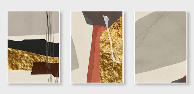Uma série de três pinturas abstratas molda o fundo dourado A moda da parede de arte moderna