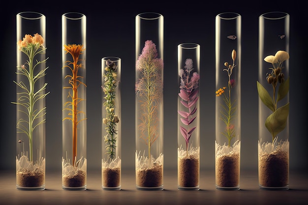 Uma série de tubos de ensaio, cada um contendo um tipo diferente de semente e meio de cultivo