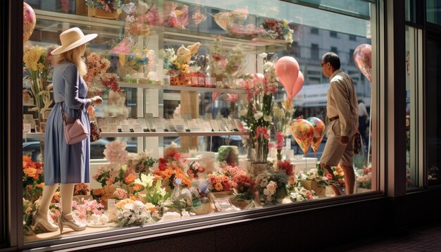 Foto uma série de vitrines de tema de primavera em um bairro comercial