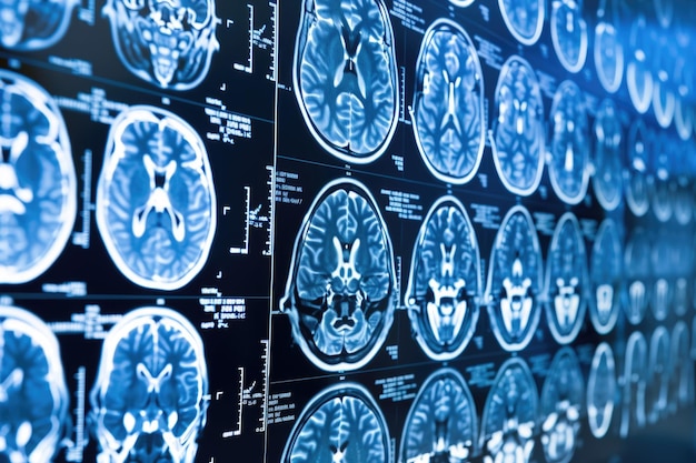 Uma série de vívidas varreduras cerebrais de ressonância magnética são exibidas em uma parede, oferecendo um vislumbre do funcionamento intrincado da mente humana